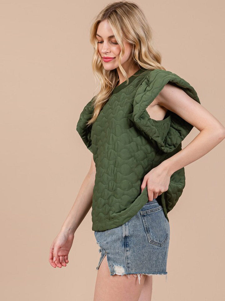 WOMEN'S SHORT RUFFLE SLEEVE WAFFLE DETAILED BLOUSE