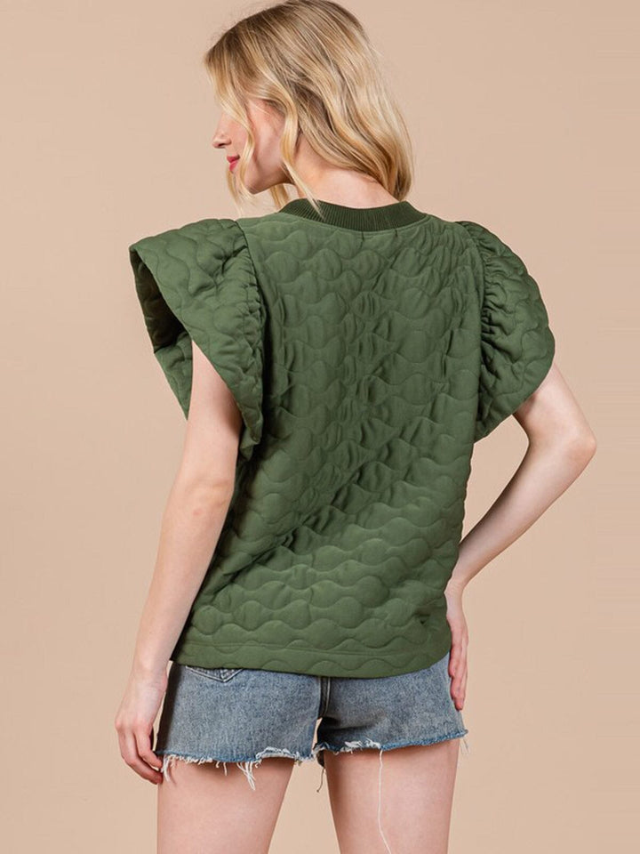 WOMEN'S SHORT RUFFLE SLEEVE WAFFLE DETAILED BLOUSE