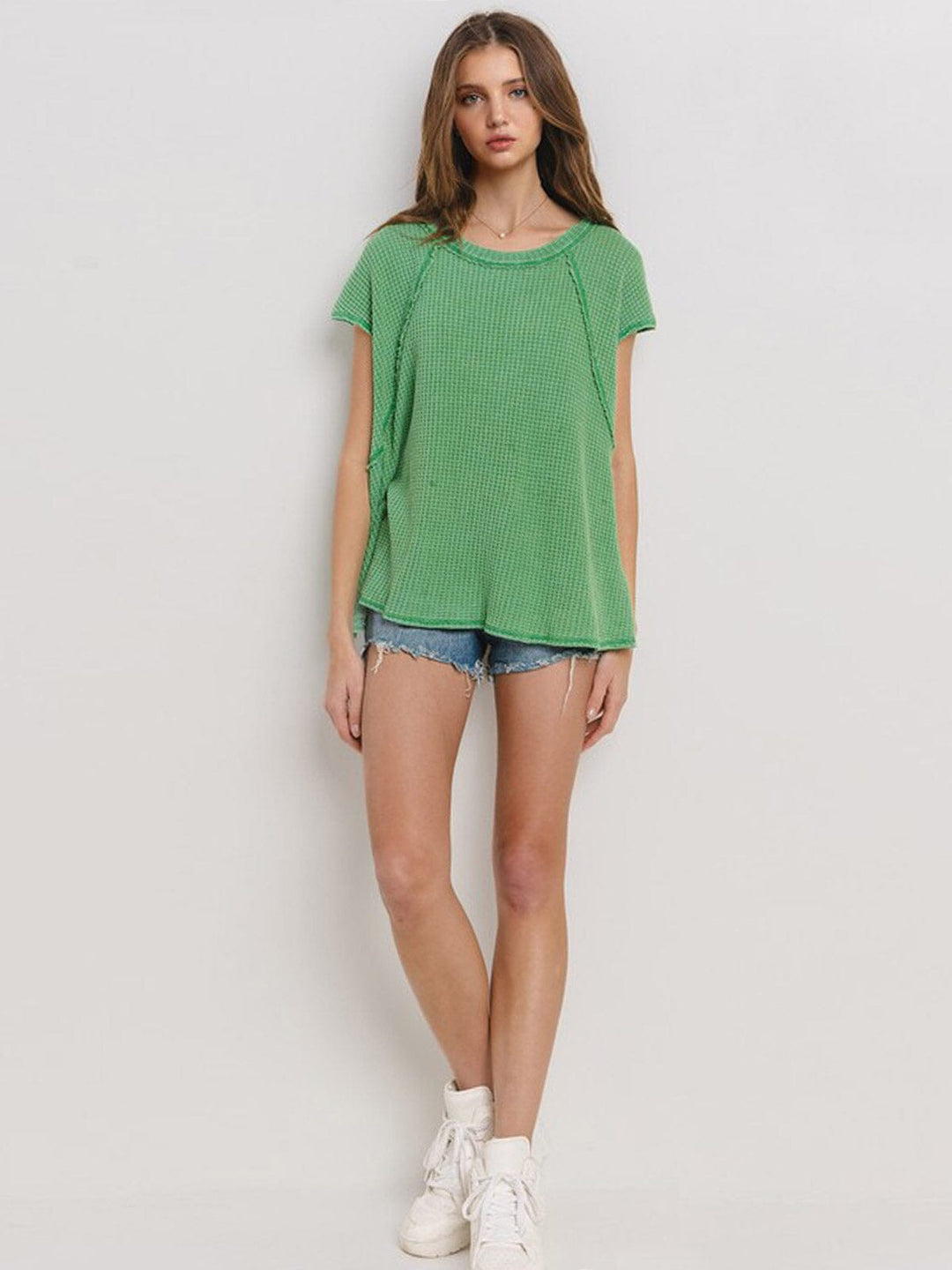 WOMEN'S SHORT SLEEVE WAFFLE PRINT TUNIC TOP