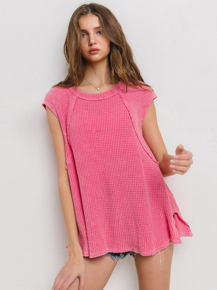 WOMEN'S SHORT SLEEVE WAFFLE PRINT TUNIC TOP