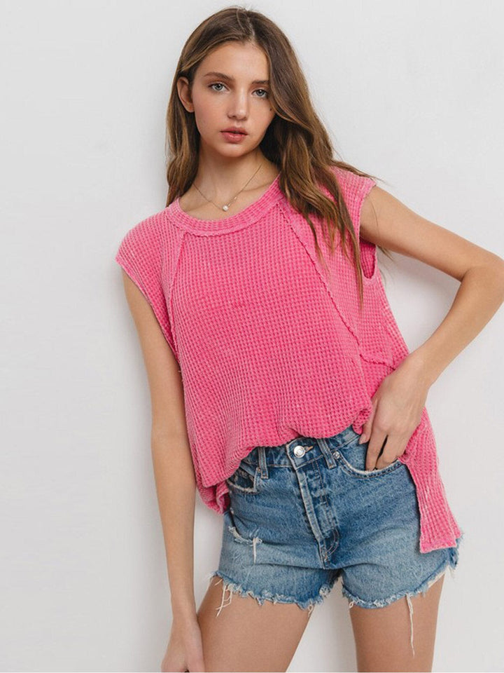 WOMEN'S SHORT SLEEVE WAFFLE PRINT TUNIC TOP