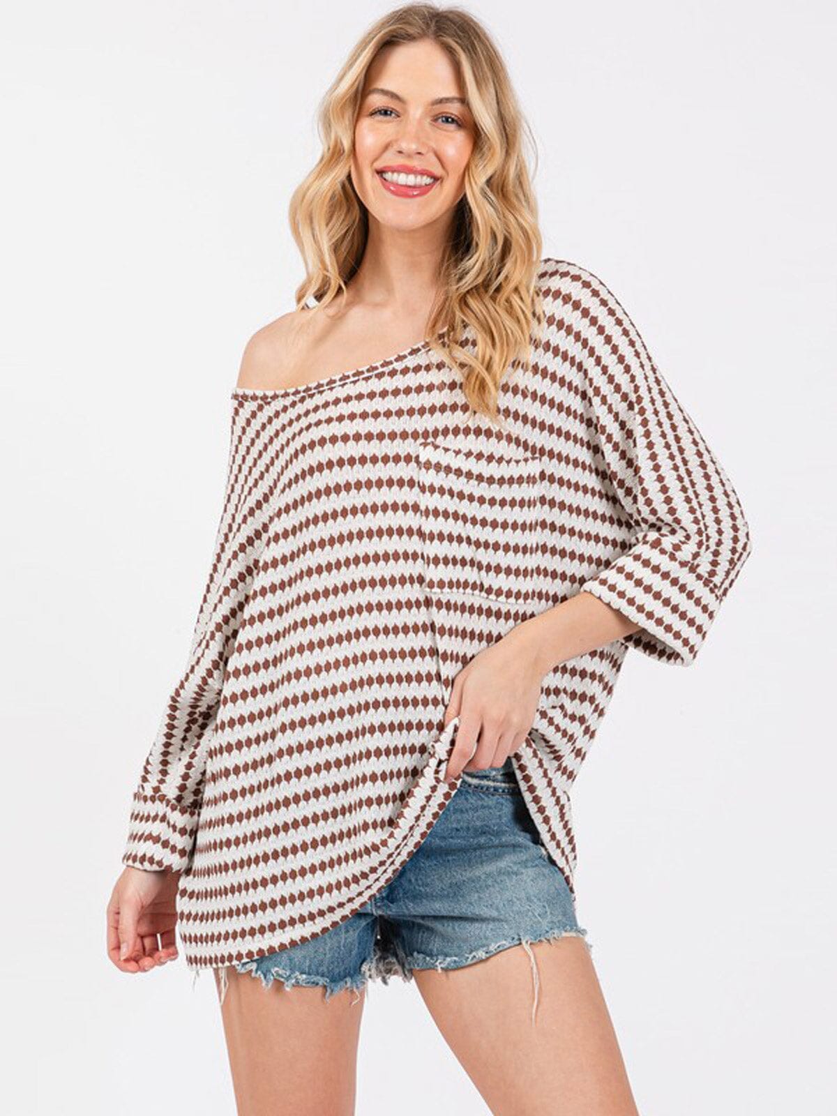 WOMEN'S SHORT SLEEVE LOOSE FIT COLORBLOCK PRINT FRONT POCKET TOP