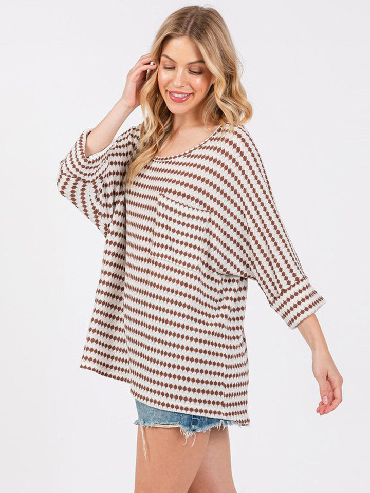 WOMEN'S SHORT SLEEVE LOOSE FIT COLORBLOCK PRINT FRONT POCKET TOP