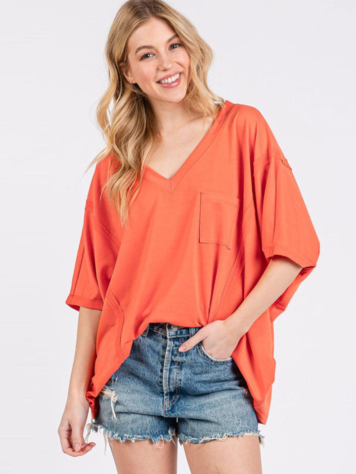 WOMEN'S SHORT SLEEVE V-NECK FRONT POCKET OVERSIZED TOP