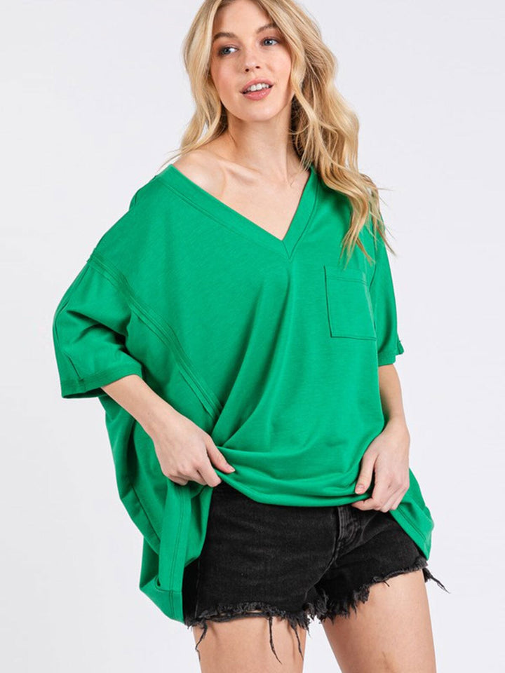 WOMEN'S SHORT SLEEVE V-NECK FRONT POCKET OVERSIZED TOP