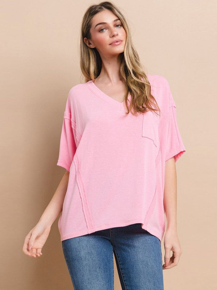 WOMEN'S SHORT SLEEVE V-NECK FRONT POCKET OVERSIZED TOP