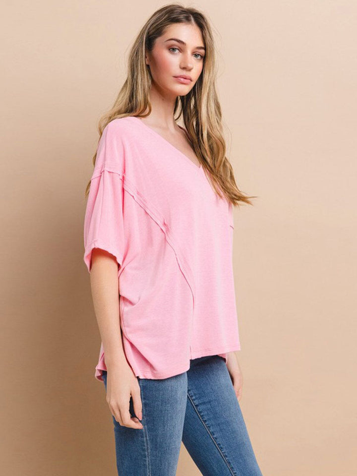 WOMEN'S SHORT SLEEVE V-NECK FRONT POCKET OVERSIZED TOP
