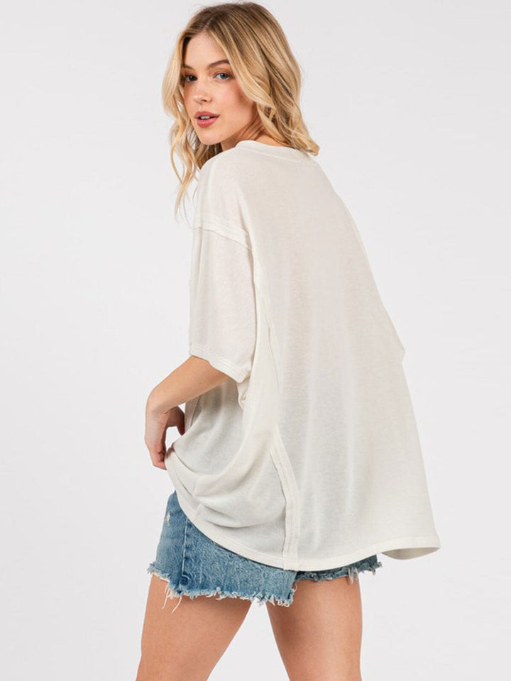 WOMEN'S SHORT SLEEVE V-NECK FRONT POCKET OVERSIZED TOP