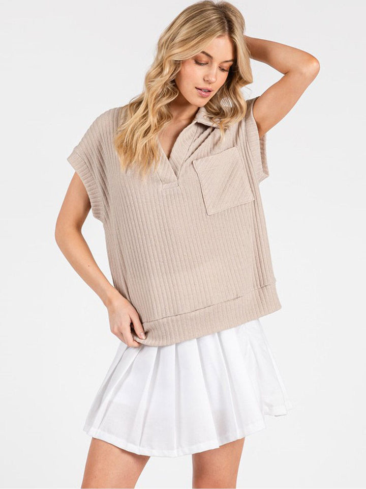WOMEN'S SHORT SLEEVE V-NECK FRONT POCKET BLOUSE