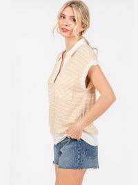 WOMEN'S SHORT SLEEVE V-NECK COLORBLOCK PRINT FRONT POCKET TOP