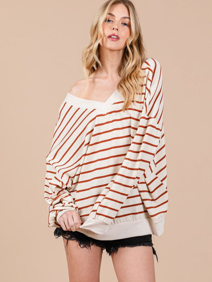 WOMEN'S LONG SLEEVE V-NECK COLORBLOCK STRIPES OVERSIZED TOP