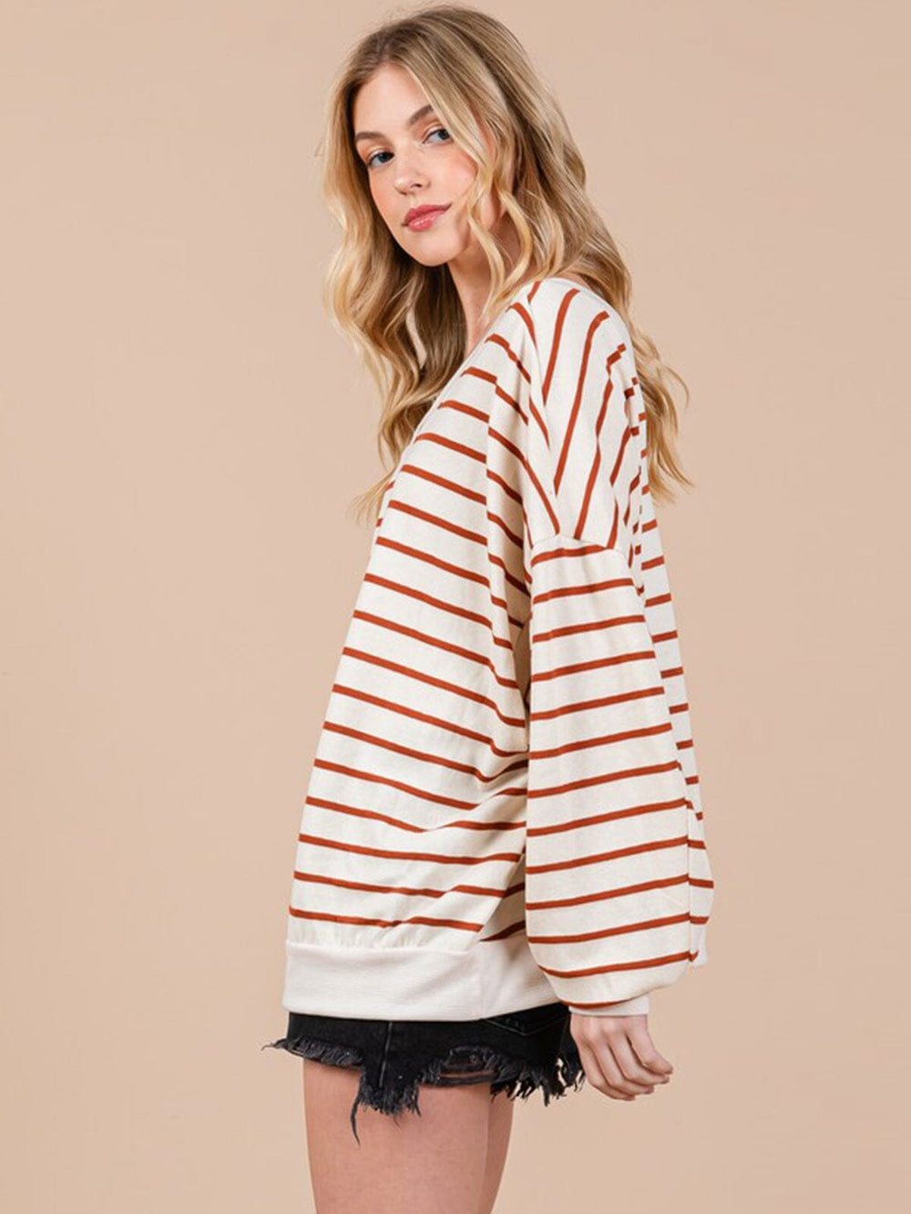 WOMEN'S LONG SLEEVE V-NECK COLORBLOCK STRIPES OVERSIZED TOP
