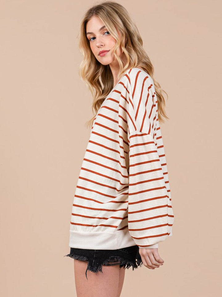 WOMEN'S LONG SLEEVE V-NECK COLORBLOCK STRIPES OVERSIZED TOP