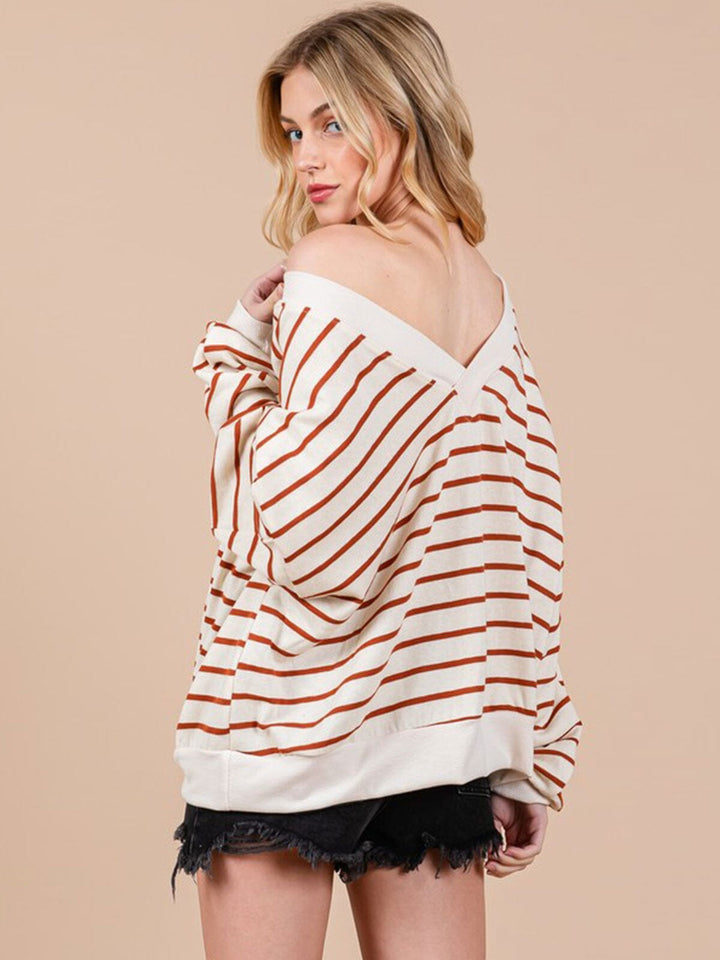 WOMEN'S LONG SLEEVE V-NECK COLORBLOCK STRIPES OVERSIZED TOP