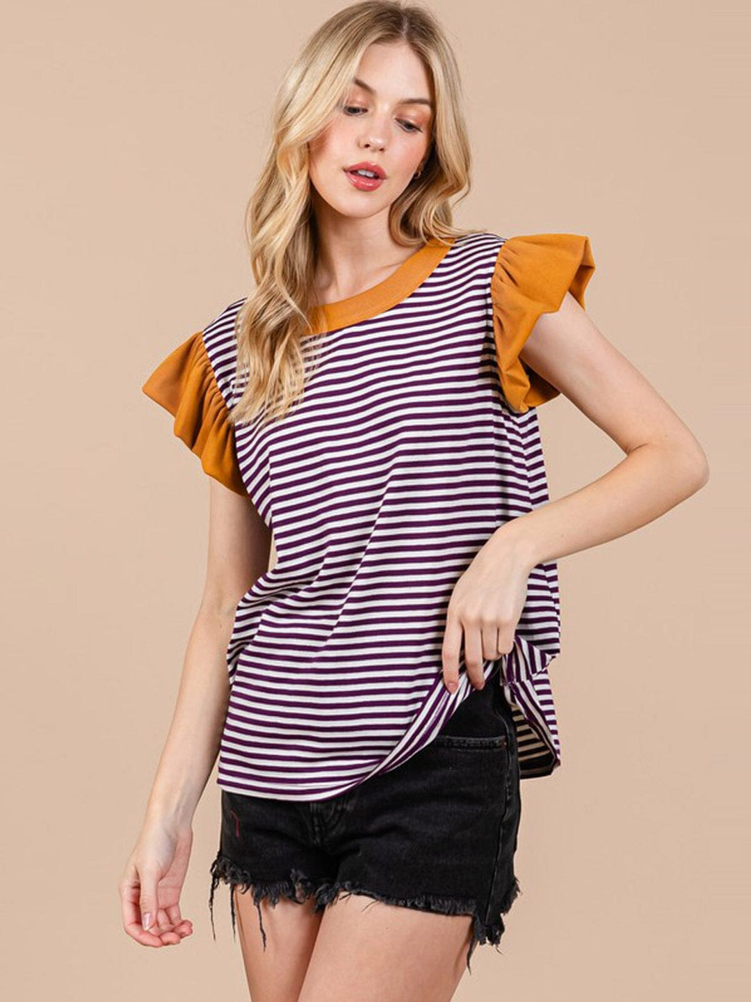 WOMEN'S SHORT SLEEVE COLORBLOCK STRIPES TUNIC TOP