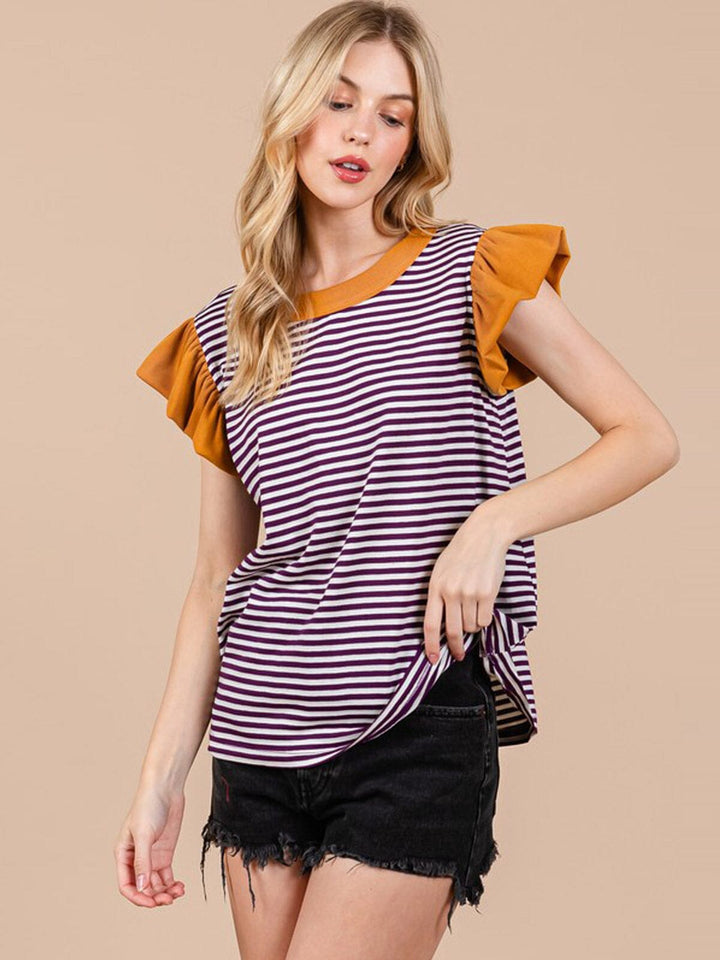 WOMEN'S SHORT SLEEVE COLORBLOCK STRIPES TUNIC TOP