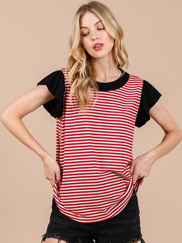 WOMEN'S SHORT SLEEVE COLORBLOCK STRIPES TUNIC TOP