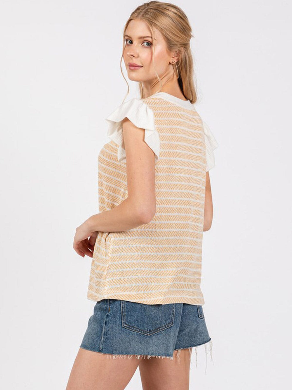 WOMEN'S SHORT RUFFLE SLEEVE STRIPES COLORBLOCK BLOUSE