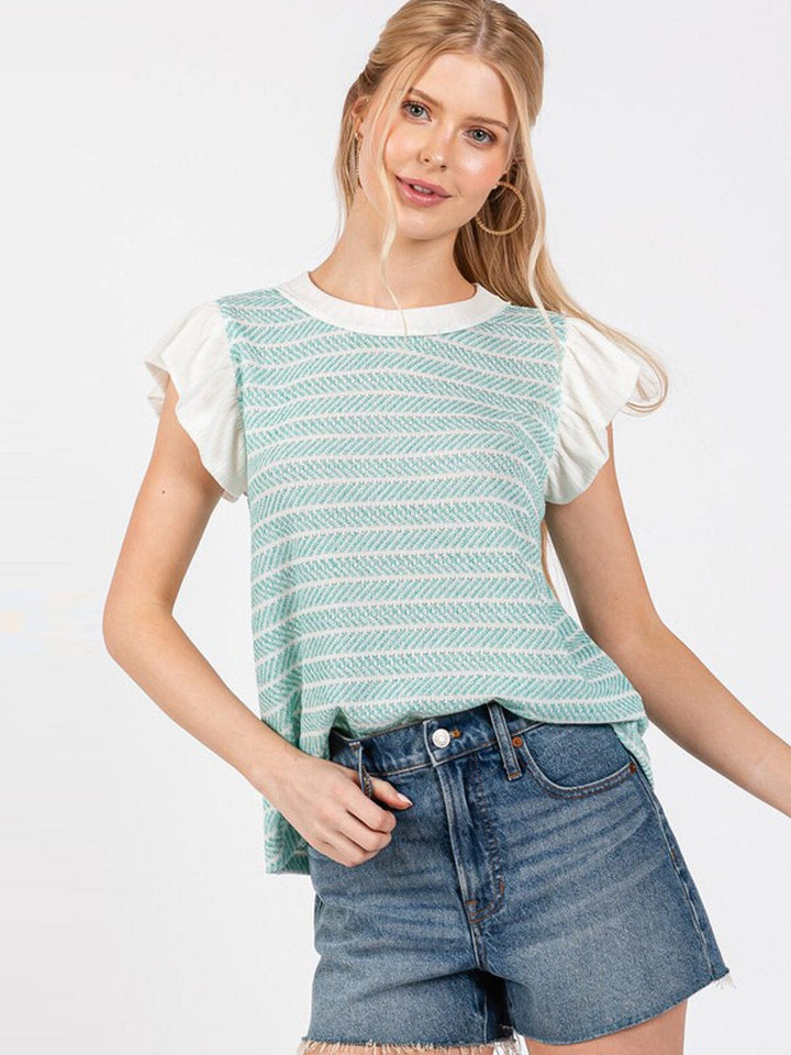 WOMEN'S SHORT RUFFLE SLEEVE STRIPES COLORBLOCK BLOUSE