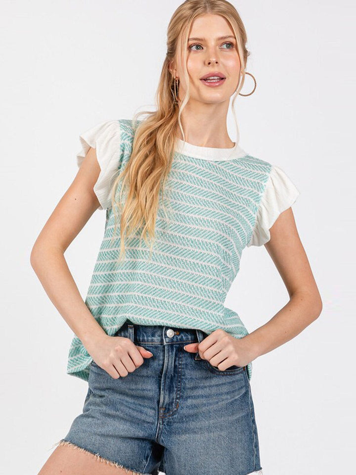 WOMEN'S SHORT RUFFLE SLEEVE STRIPES COLORBLOCK BLOUSE