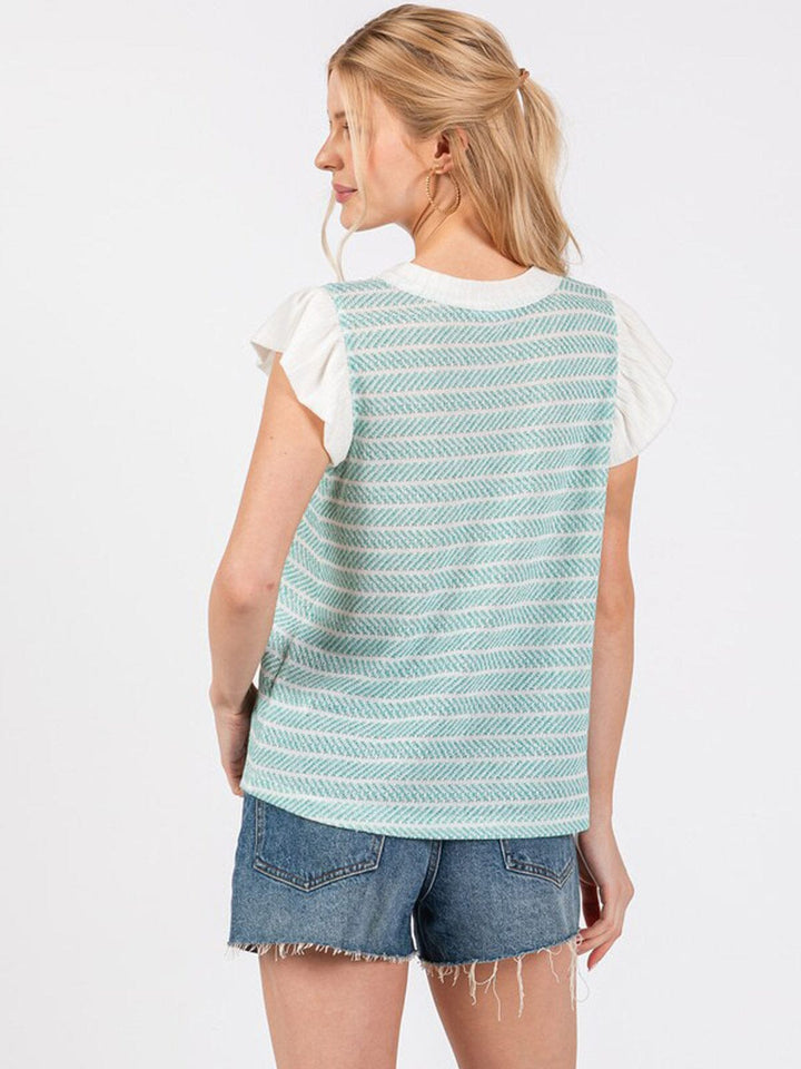 WOMEN'S SHORT RUFFLE SLEEVE STRIPES COLORBLOCK BLOUSE