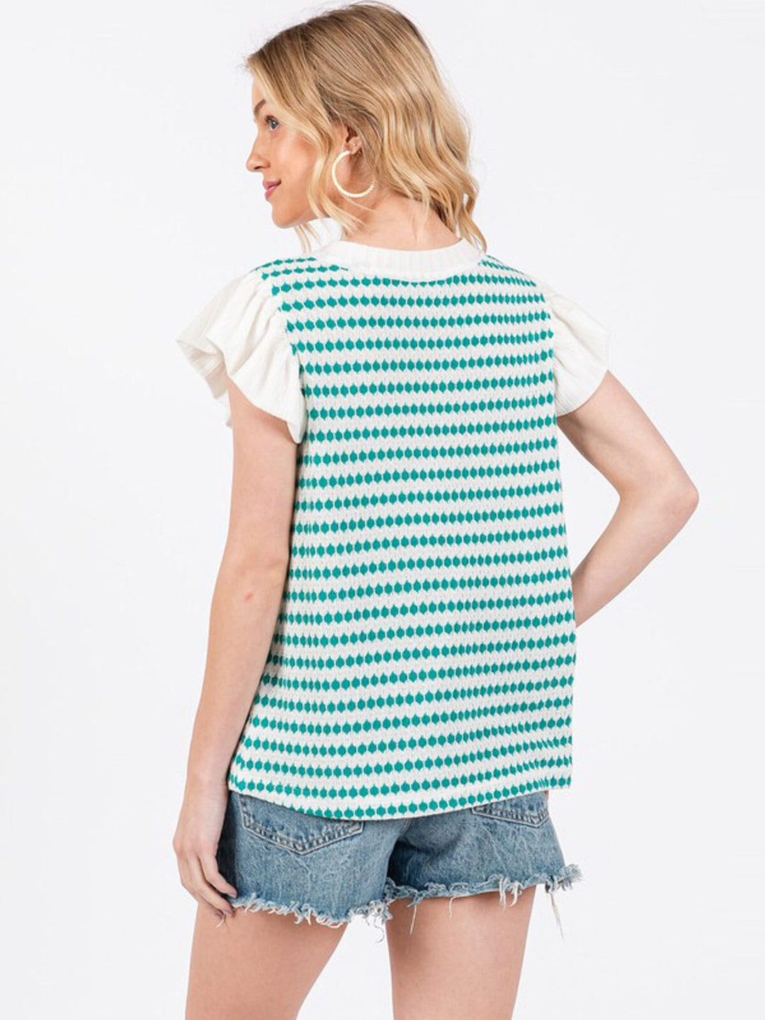 WOMEN'S SHORT RUFFLE SLEEVE COLORBLOCK KNIT BLOUSE
