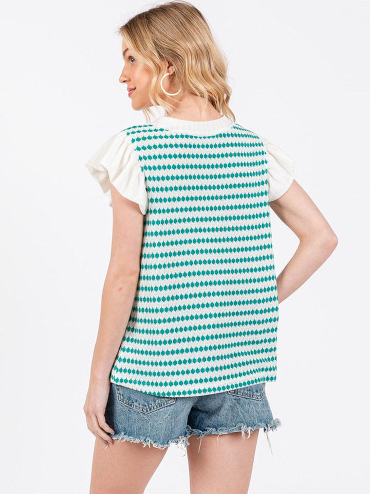 WOMEN'S SHORT RUFFLE SLEEVE COLORBLOCK KNIT BLOUSE