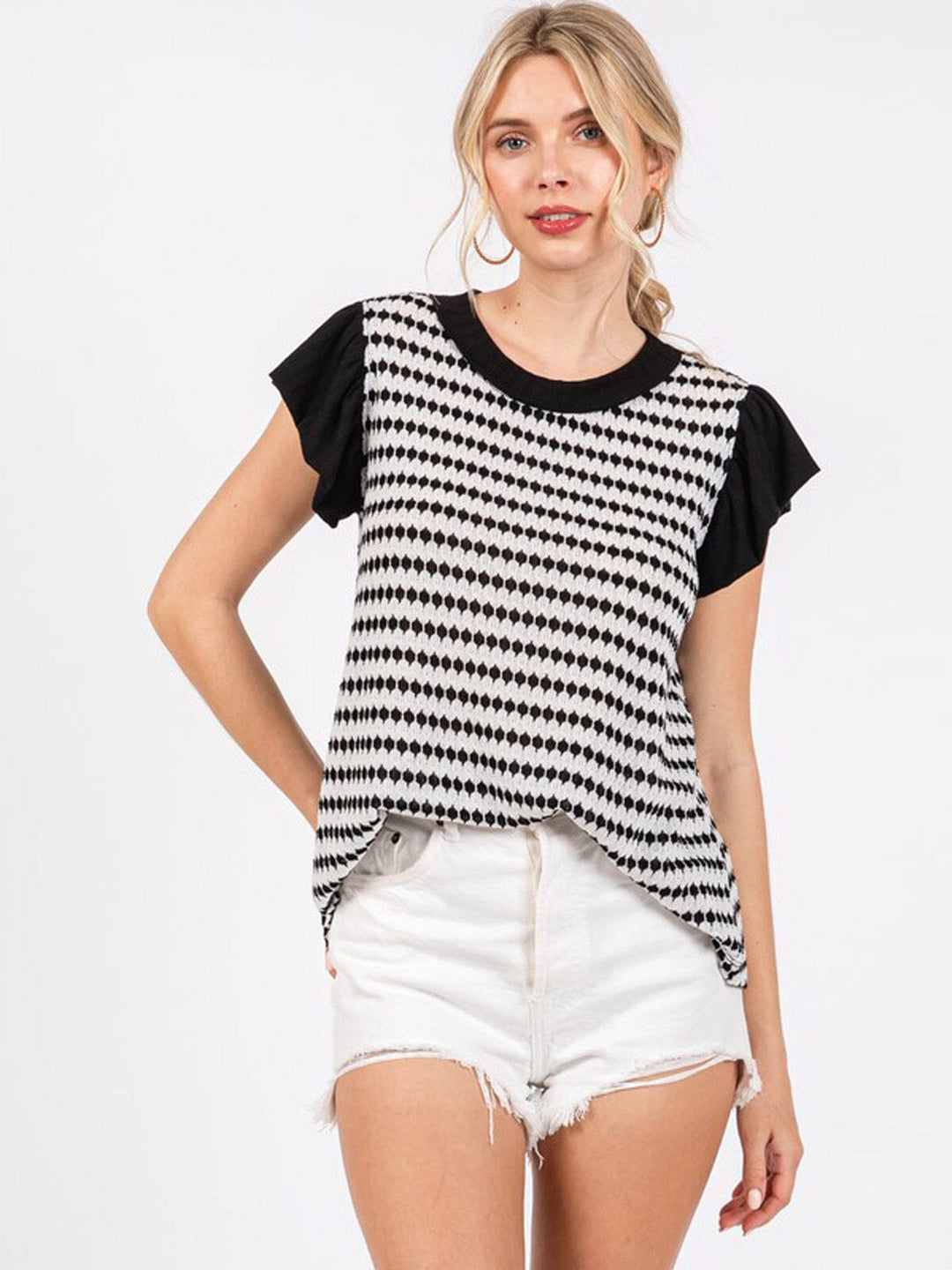 WOMEN'S SHORT RUFFLE SLEEVE COLORBLOCK KNIT BLOUSE
