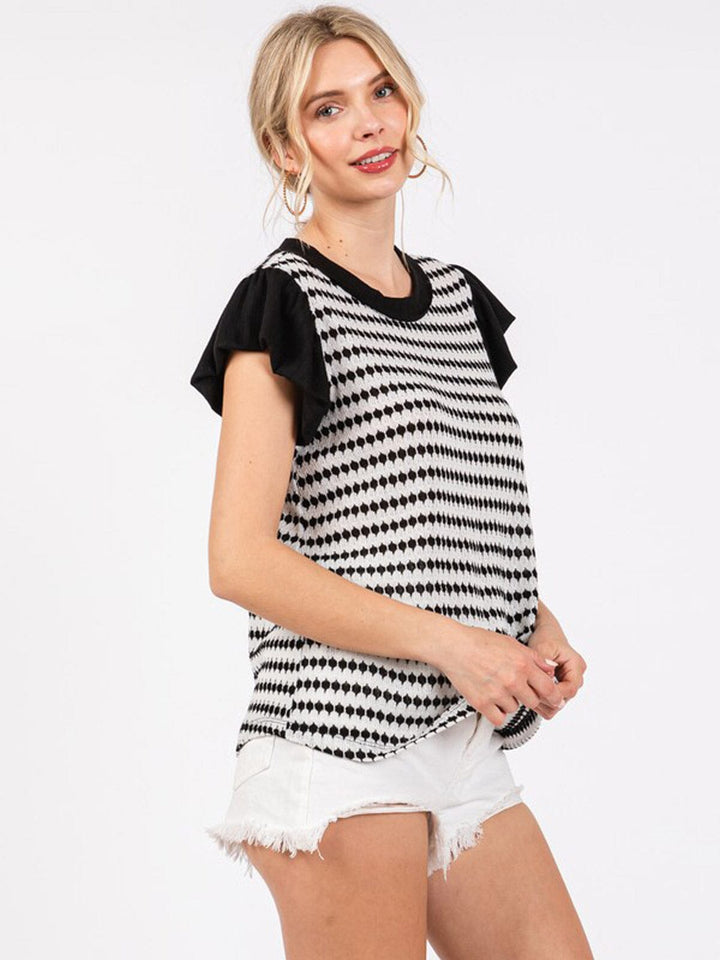 WOMEN'S SHORT RUFFLE SLEEVE COLORBLOCK KNIT BLOUSE