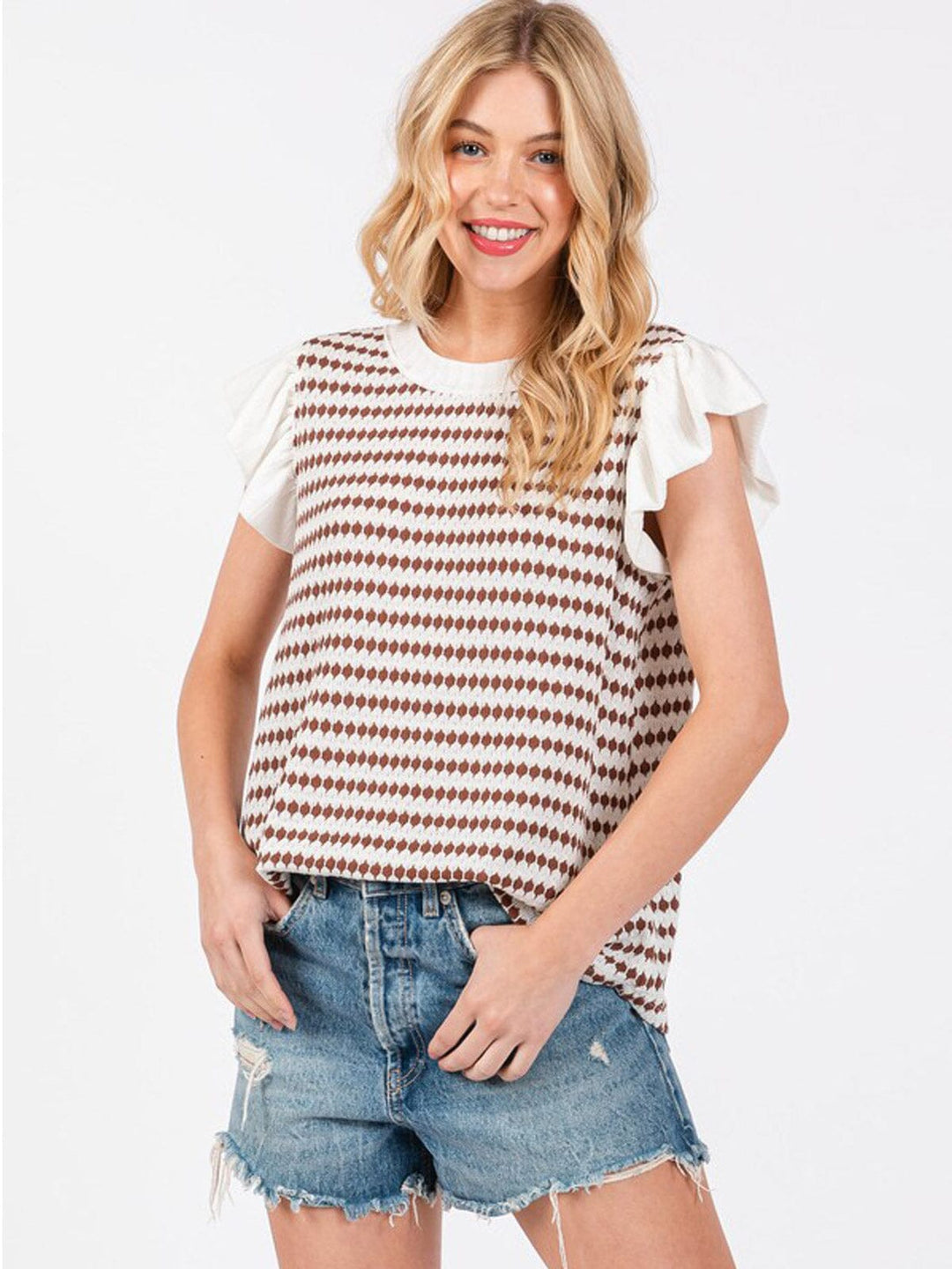 WOMEN'S SHORT RUFFLE SLEEVE COLORBLOCK KNIT BLOUSE