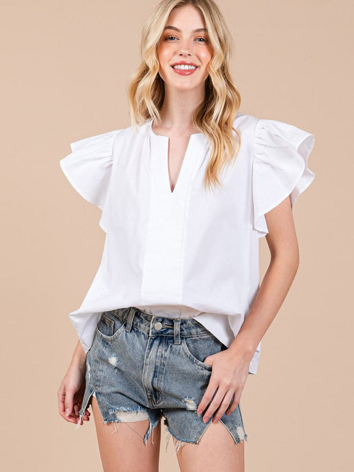 WOMEN'S SHORT RUFFLE SLEEVE V-NECK TUNIC BLOUSE