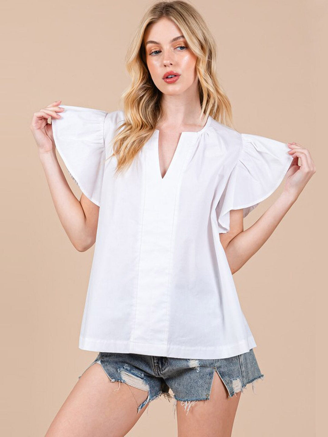 WOMEN'S SHORT RUFFLE SLEEVE V-NECK TUNIC BLOUSE
