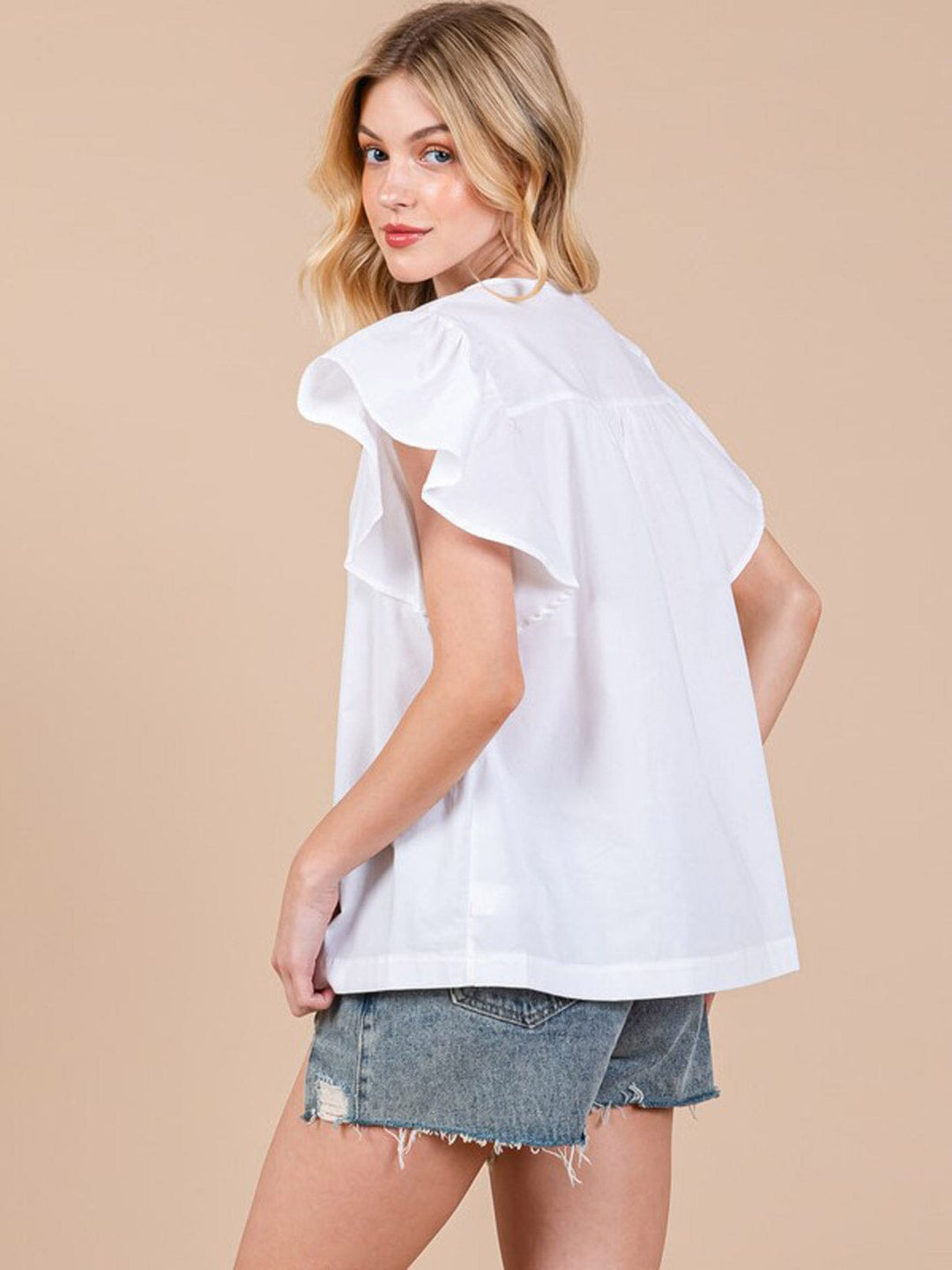 WOMEN'S SHORT RUFFLE SLEEVE V-NECK TUNIC BLOUSE