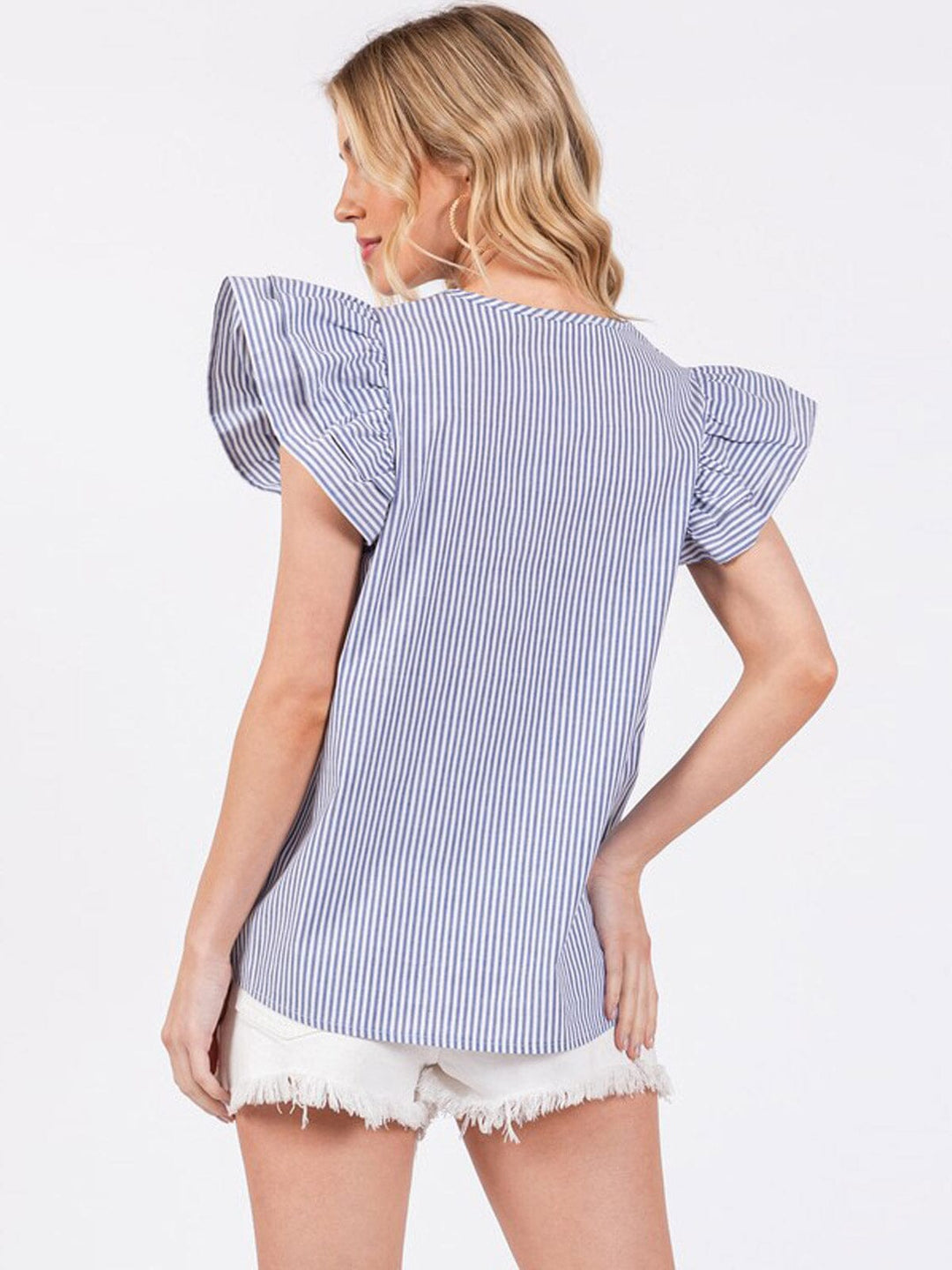 WOMEN'S SHORT RUFFLE SLEEVE V-NECK COLORBLOCK STRIPES BLOUSE