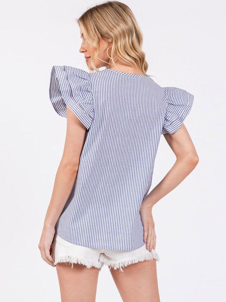 WOMEN'S SHORT RUFFLE SLEEVE V-NECK COLORBLOCK STRIPES BLOUSE