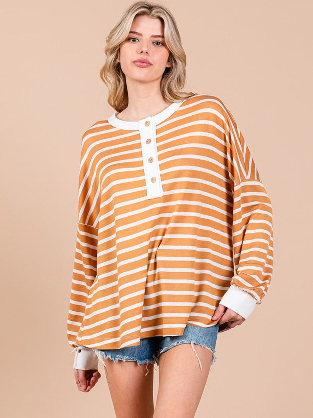 WOMEN'S LONG SLEEVE BUTTON UP COLORBLOCK STRIPES TOP