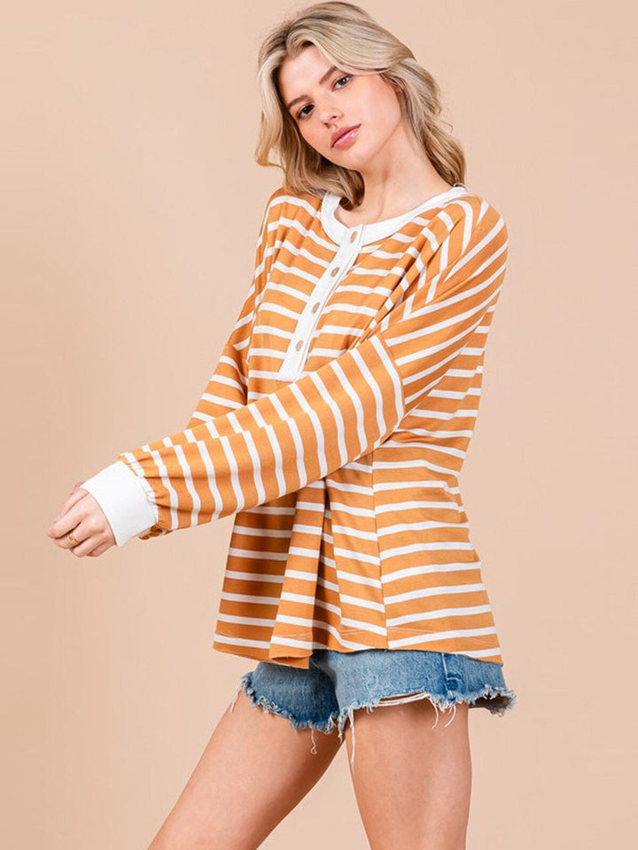 WOMEN'S LONG SLEEVE BUTTON UP COLORBLOCK STRIPES TOP