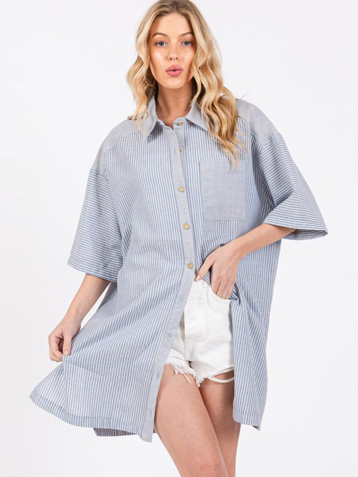 WOMEN'S SHORT SLEEVE BUTTON CLOSURE FRONT POCKETS STRIPES TUNIC TOP