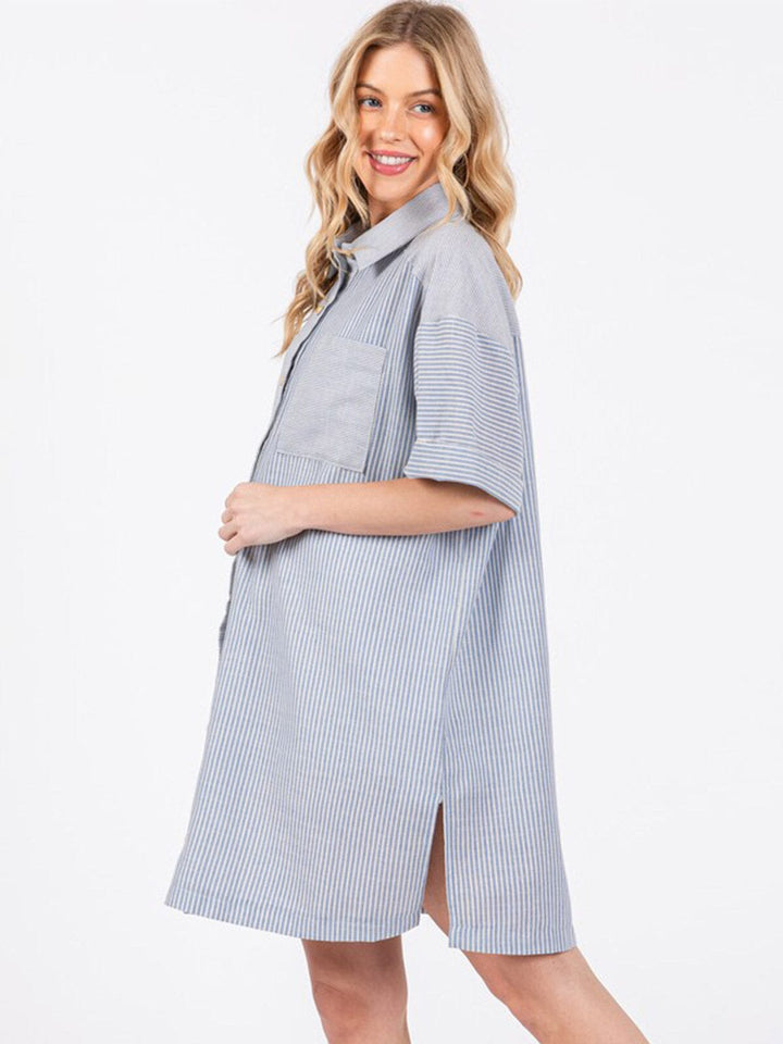 WOMEN'S SHORT SLEEVE BUTTON CLOSURE FRONT POCKETS STRIPES TUNIC TOP