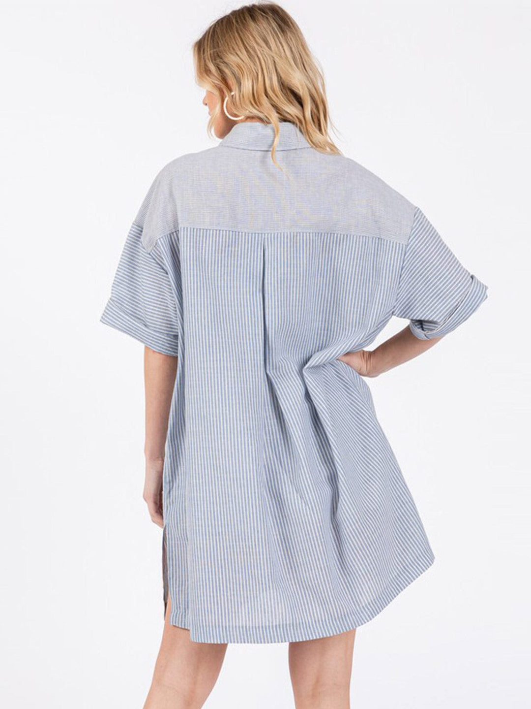 WOMEN'S SHORT SLEEVE BUTTON CLOSURE FRONT POCKETS STRIPES TUNIC TOP