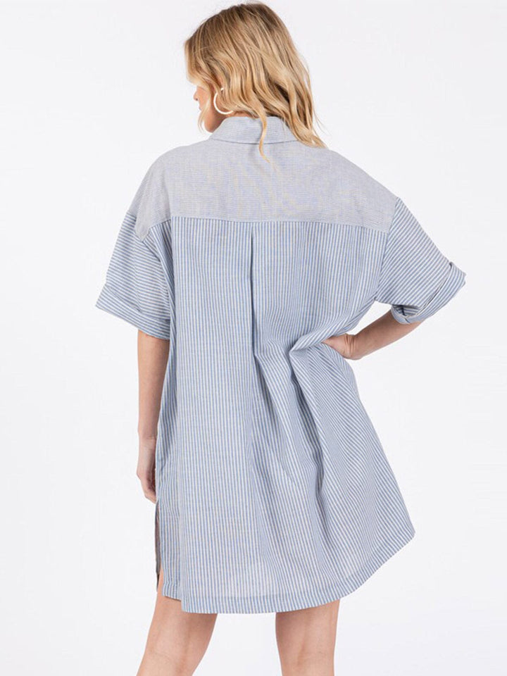 WOMEN'S SHORT SLEEVE BUTTON CLOSURE FRONT POCKETS STRIPES TUNIC TOP