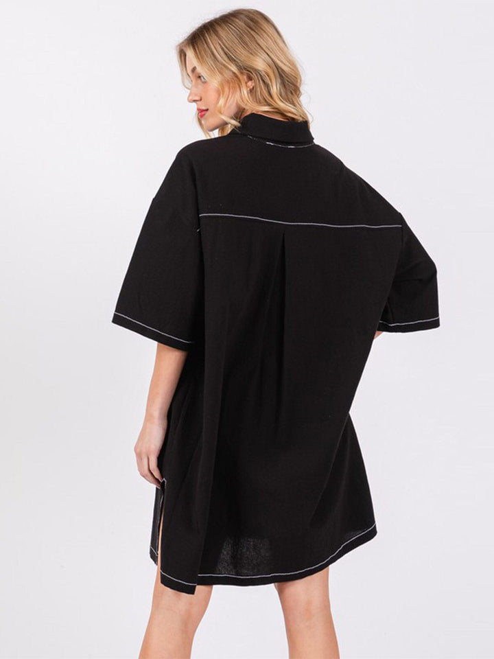 WOMEN'S SHORT SLEEVE BUTTON CLOSURE FRONT POCKETS TUNIC TOP