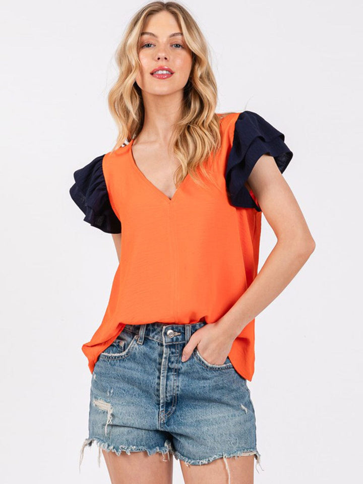 WOMEN'S SHORT RUFFLE SLEEVE V-NECK COLORBLOCK BLOUSE