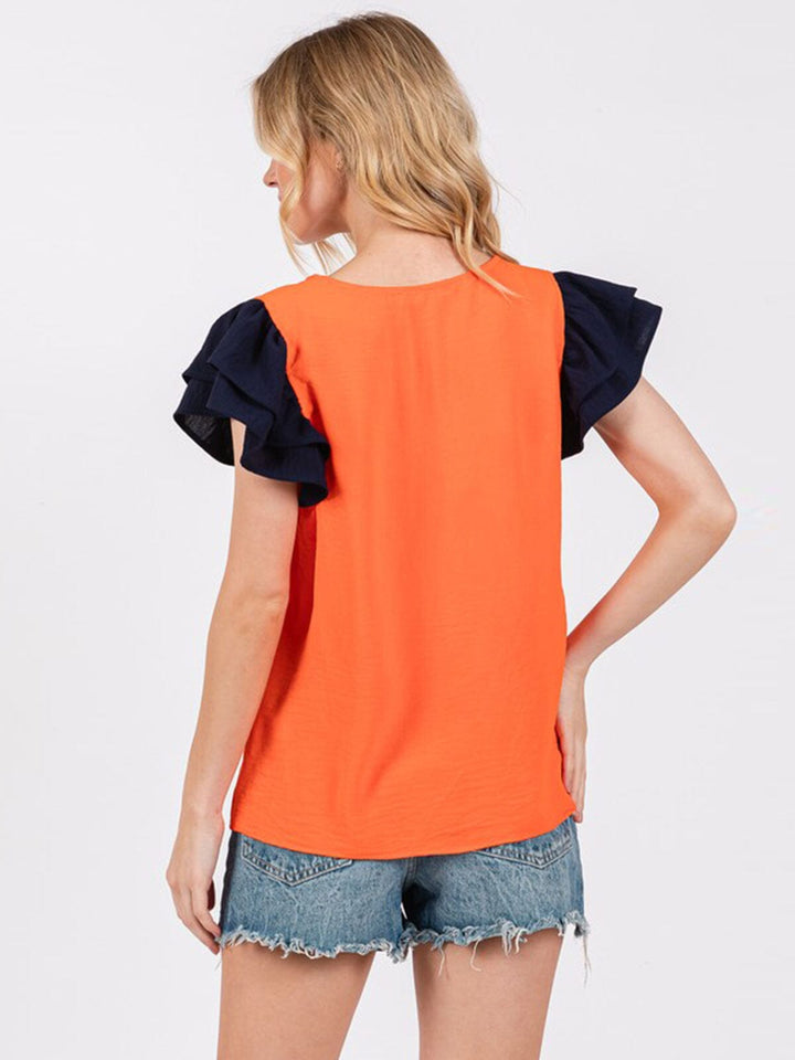 WOMEN'S SHORT RUFFLE SLEEVE V-NECK COLORBLOCK BLOUSE