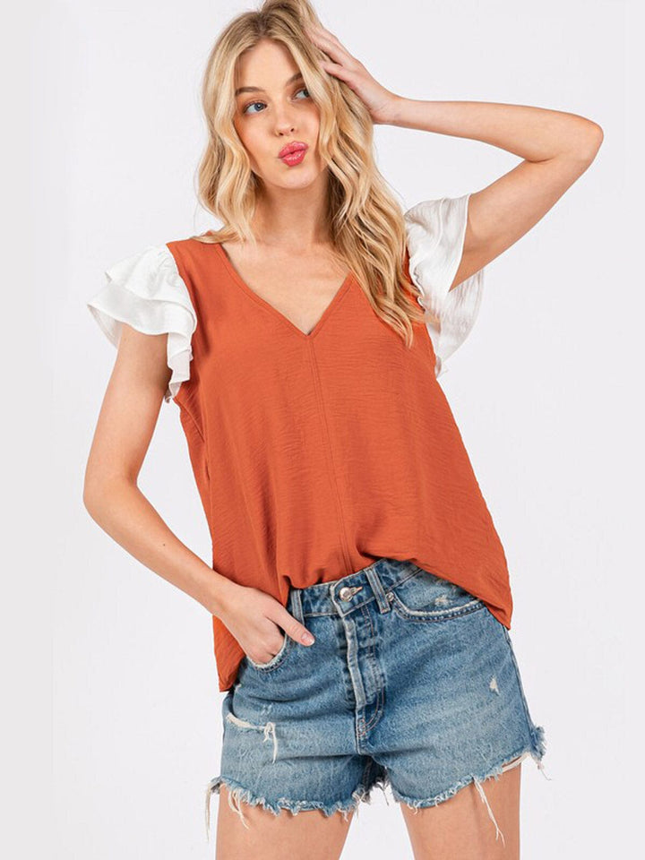 WOMEN'S SHORT RUFFLE SLEEVE V-NECK COLORBLOCK BLOUSE