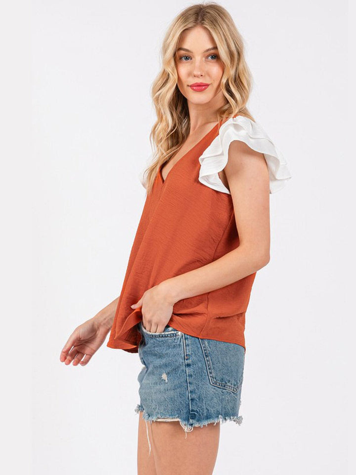 WOMEN'S SHORT RUFFLE SLEEVE V-NECK COLORBLOCK BLOUSE