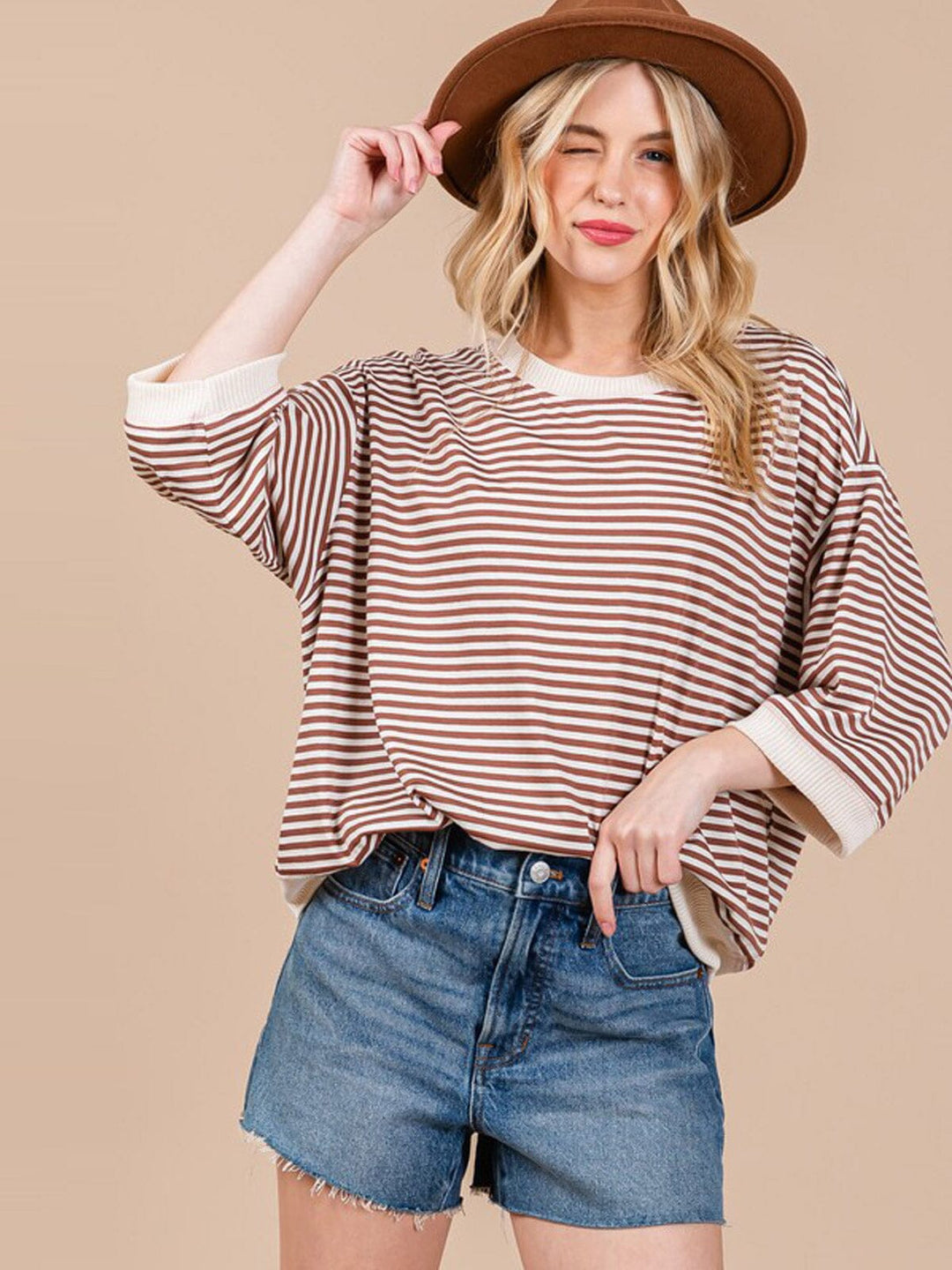 WOMEN'S 3/4 SLEEVE COLORBLOCK STRIPES TUNIC TOP
