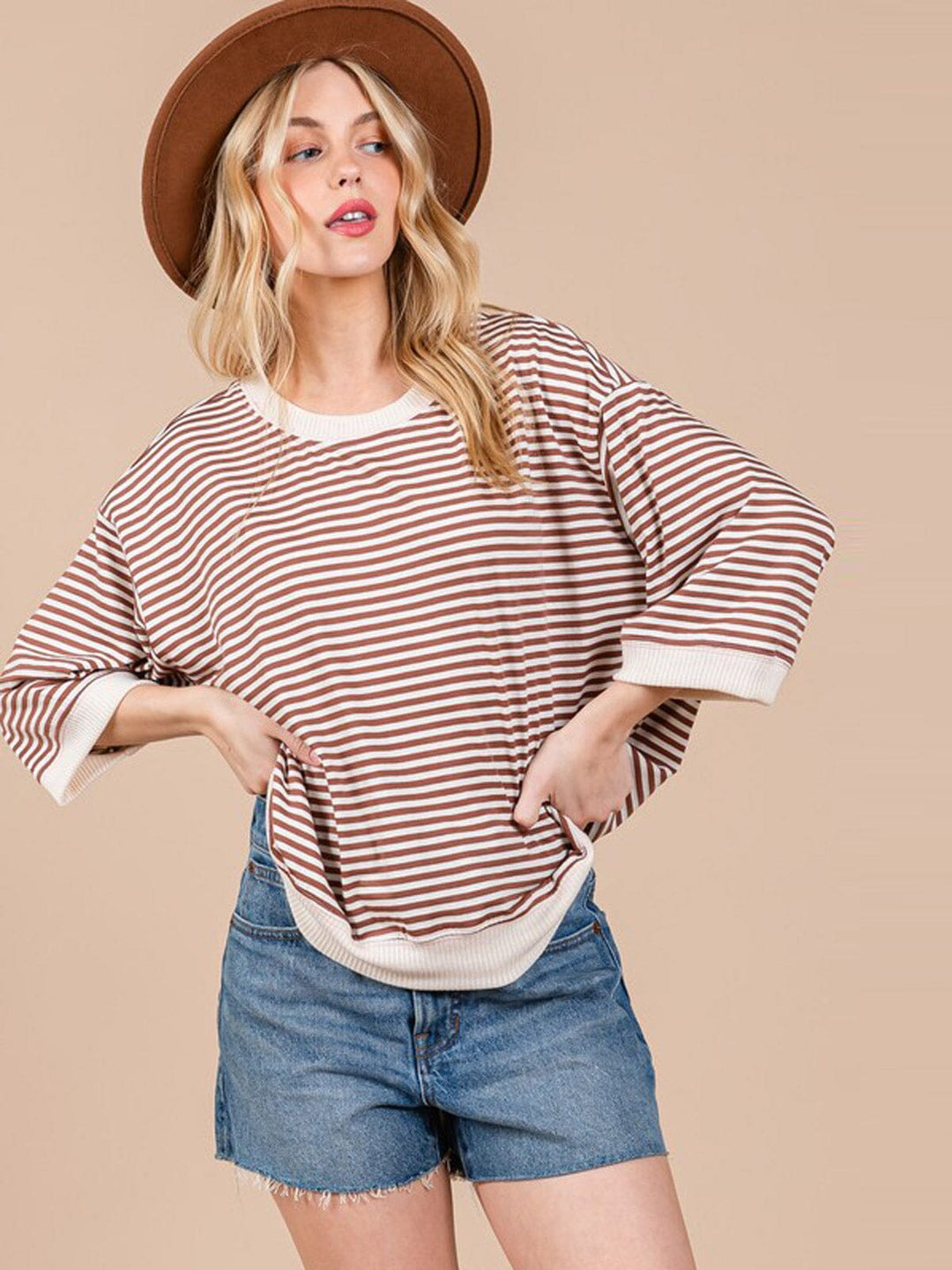 WOMEN'S 3/4 SLEEVE COLORBLOCK STRIPES TUNIC TOP