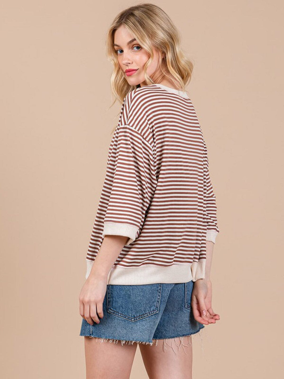 WOMEN'S 3/4 SLEEVE COLORBLOCK STRIPES TUNIC TOP