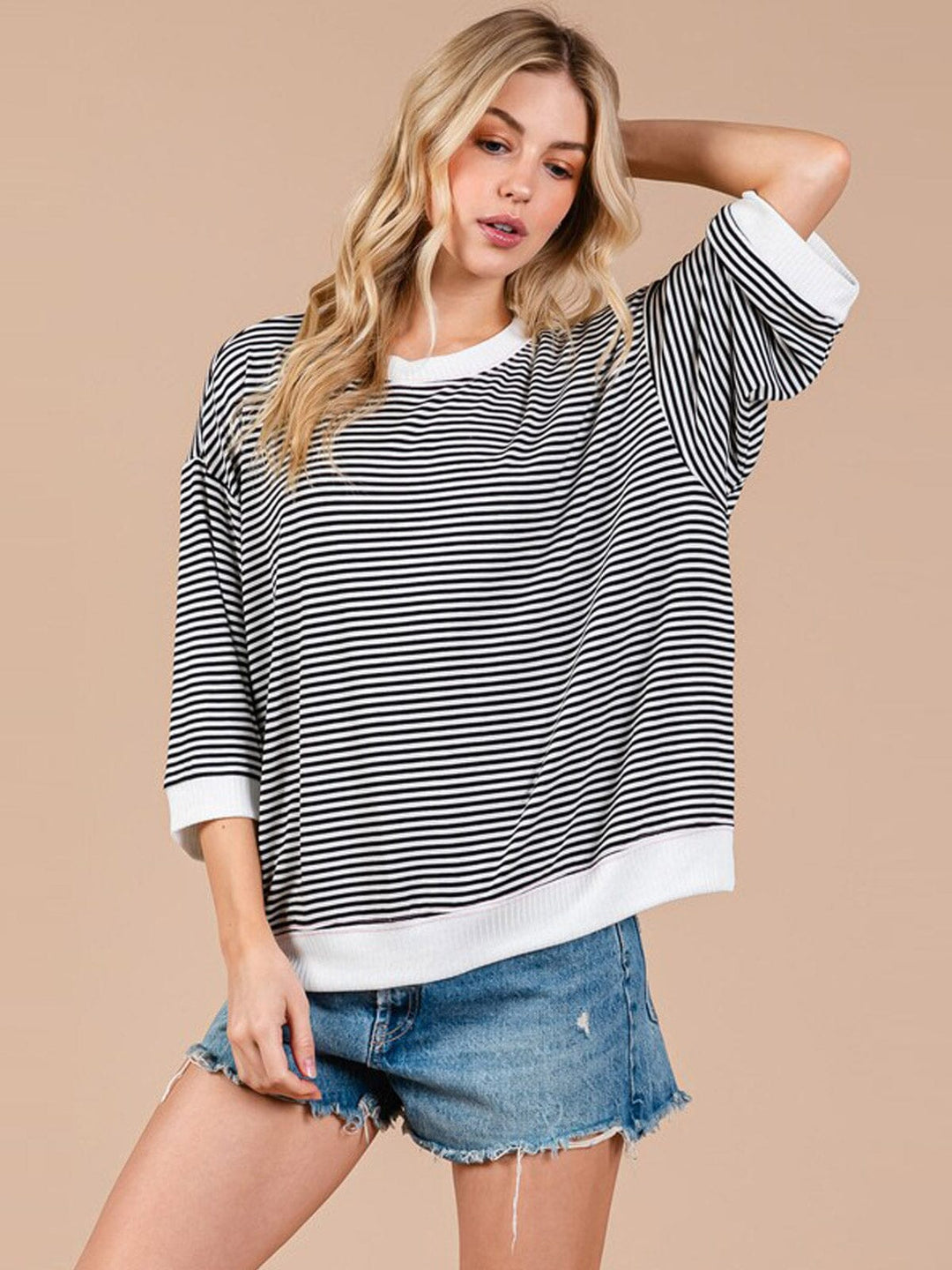 WOMEN'S 3/4 SLEEVE COLORBLOCK STRIPES TUNIC TOP